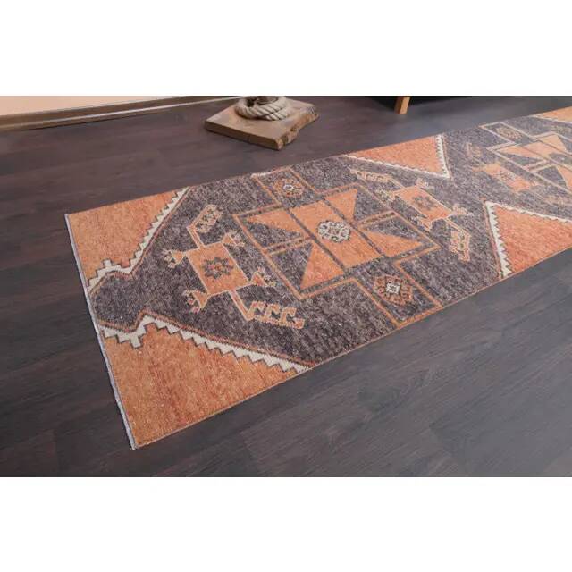 Vintage Turkish Hand-Knotted Wool Cotton Orange Runner Rug 80x394