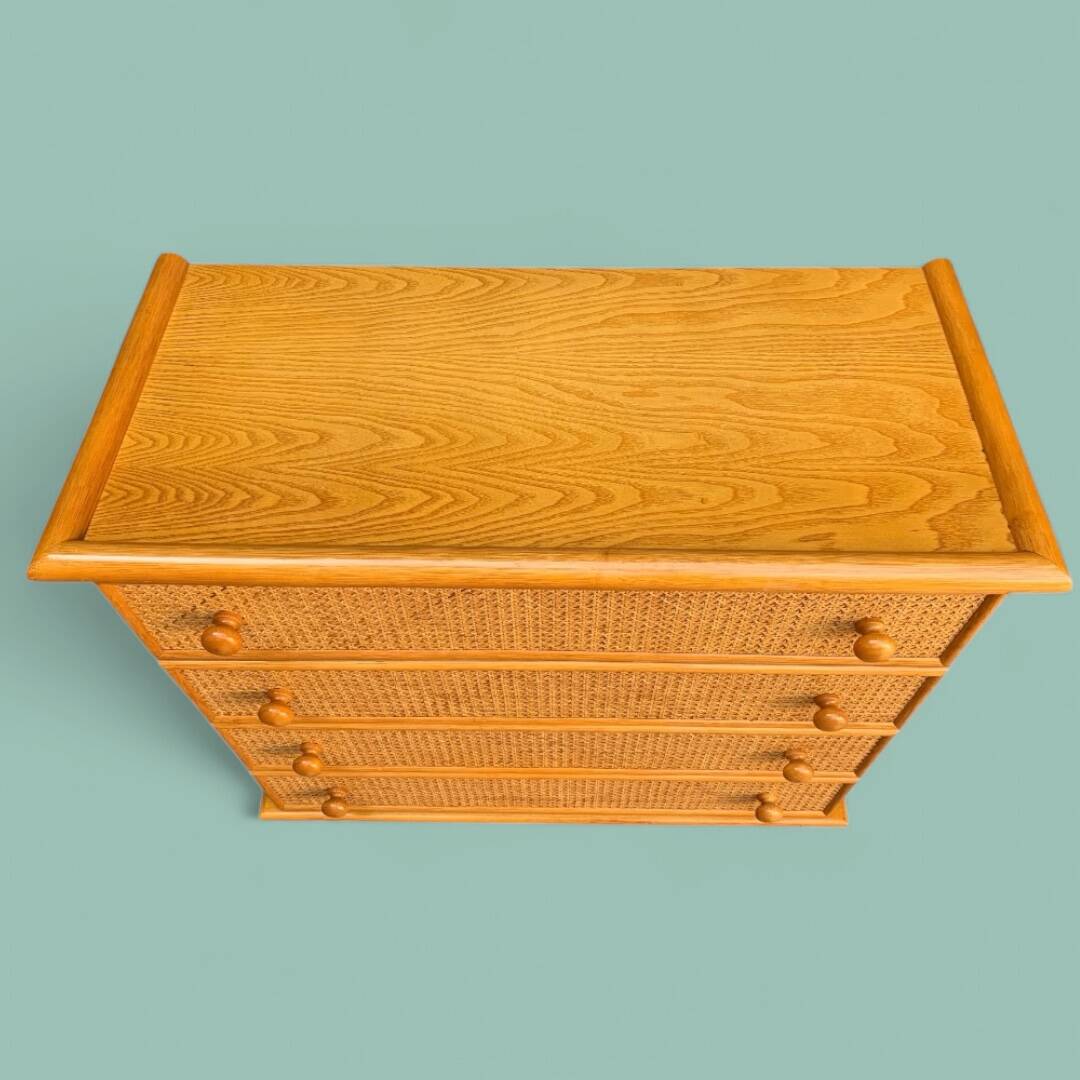 Chest of drawers and bedside table in rattan cane and oak, vintage 1970s