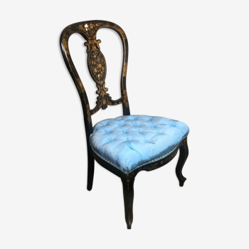 Chaise de nourrice / de coiffeuse époque Napoléon III en bois noirci incrustée nacre