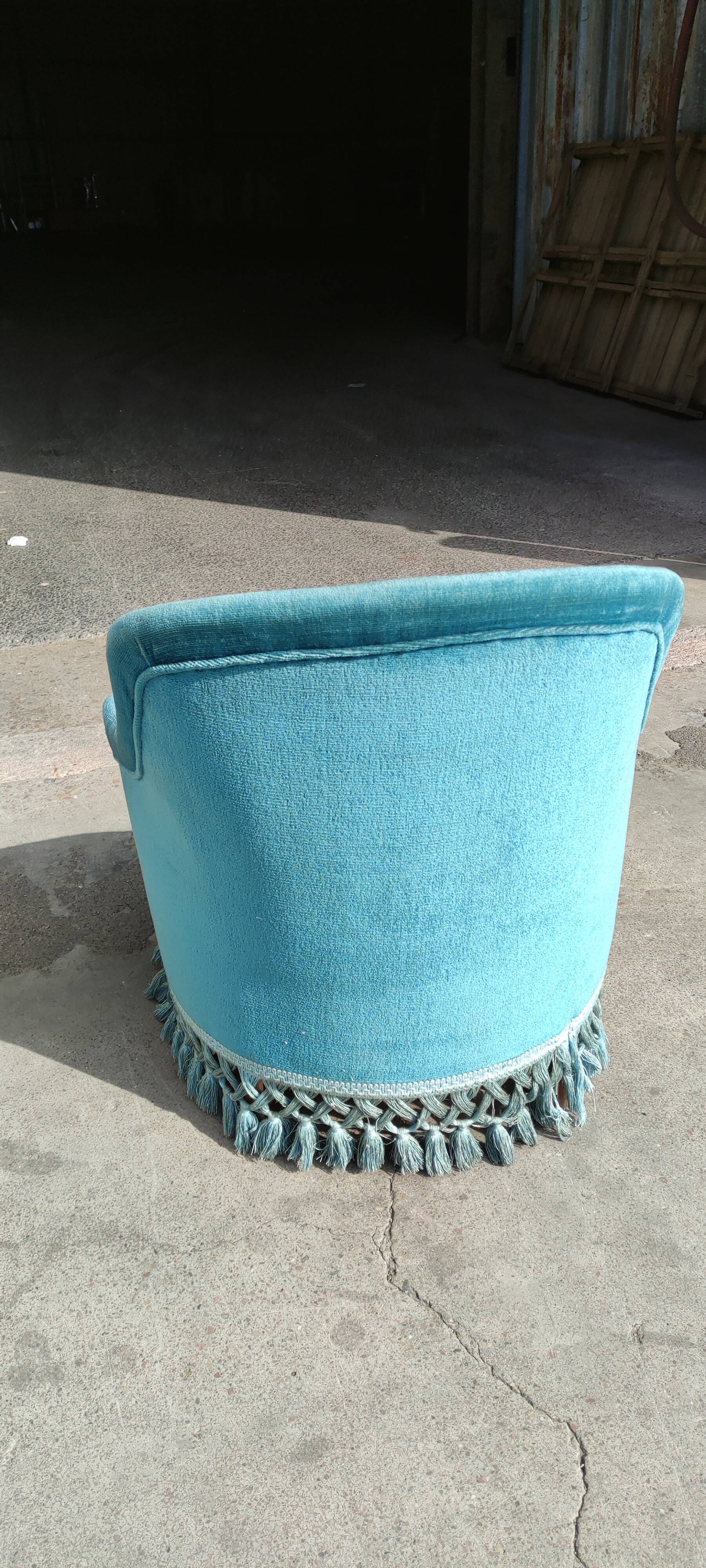Blue velvet upholstered toad armchair