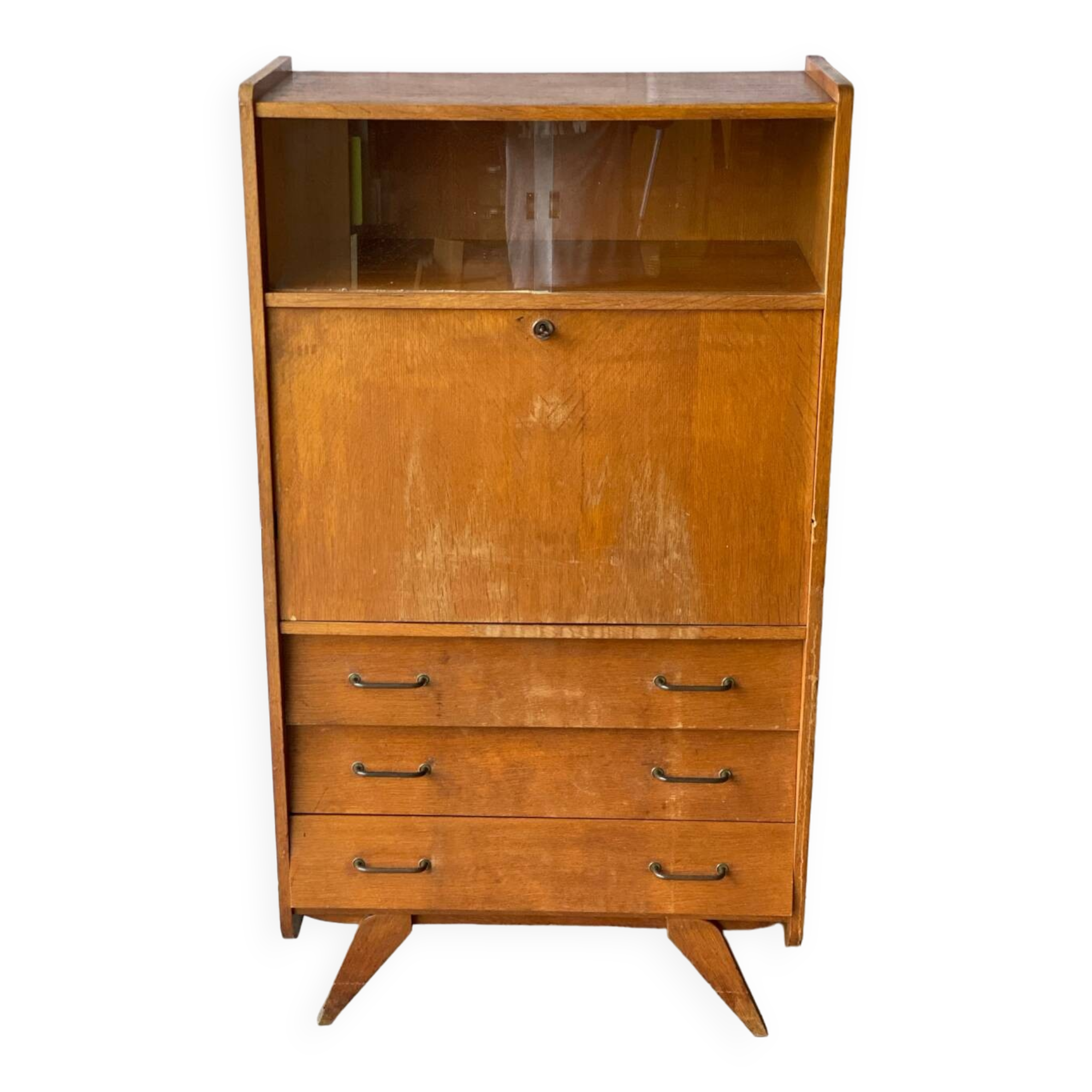 Vintage Scandinavian wooden secretary with display cabinet, desk and drawers
