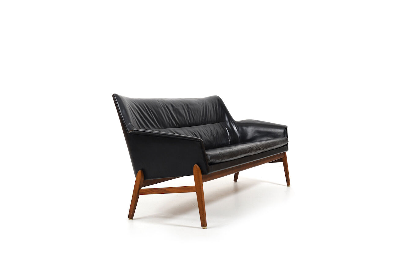 1950s Leather and Teak Wing Sofa by Ib Kofod-Larsen
