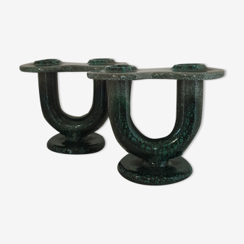 Pair of enamelled ceramic candle holders
