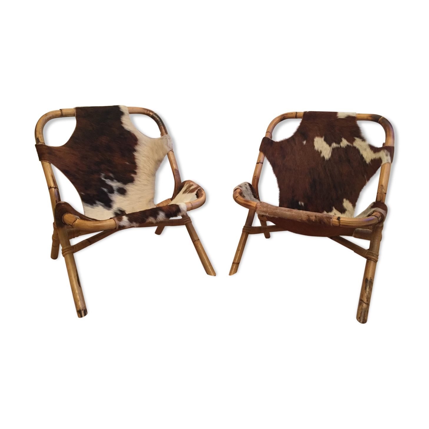 Paire de fauteuils bambou et peau
