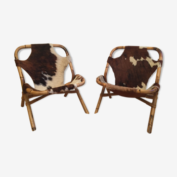 Paire de fauteuils bambou et peau