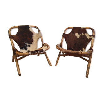 Pair of armchairs, bamboo and skin