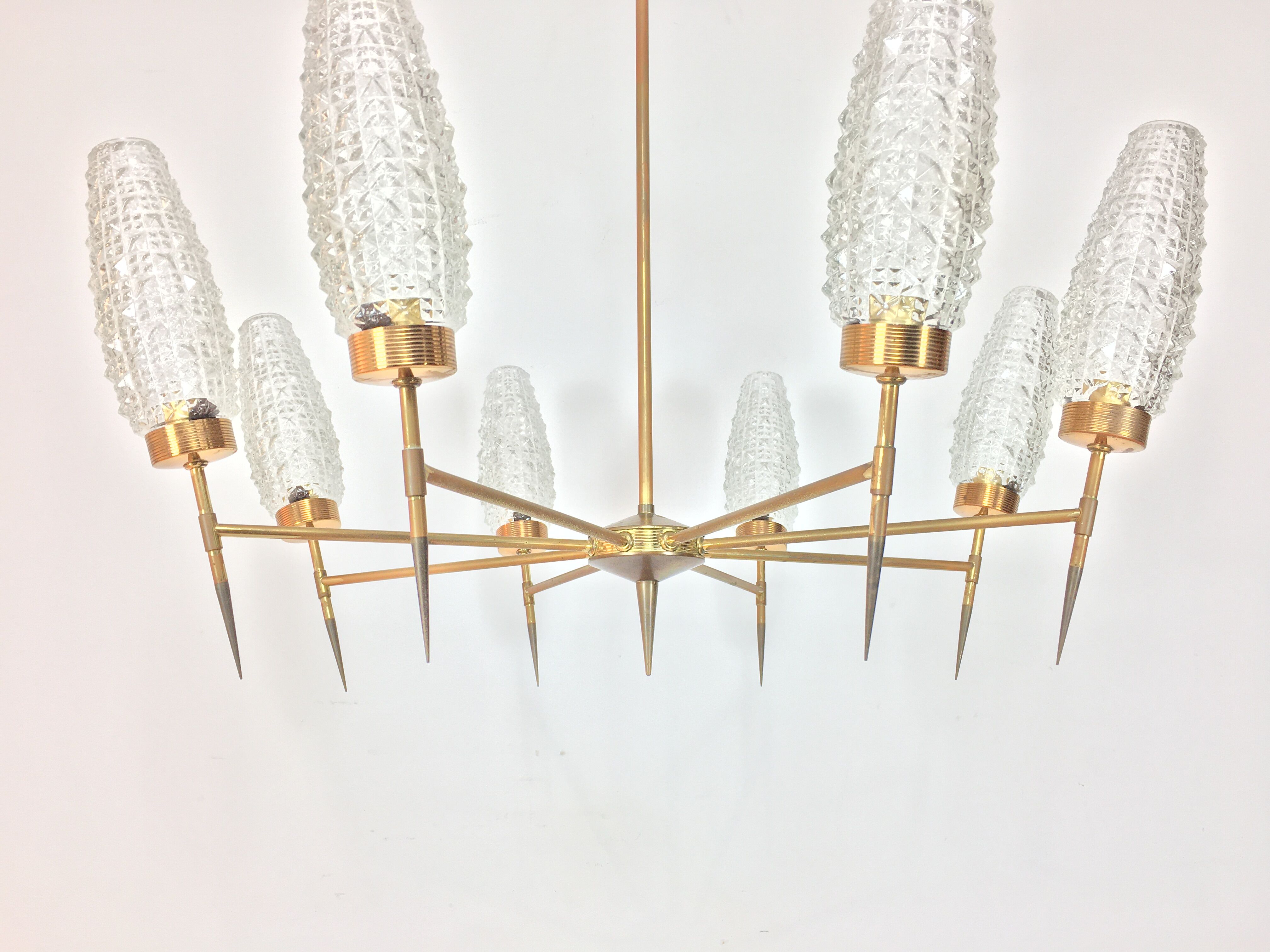 50s chandelier, 8 fires, brass and ice glass tulips