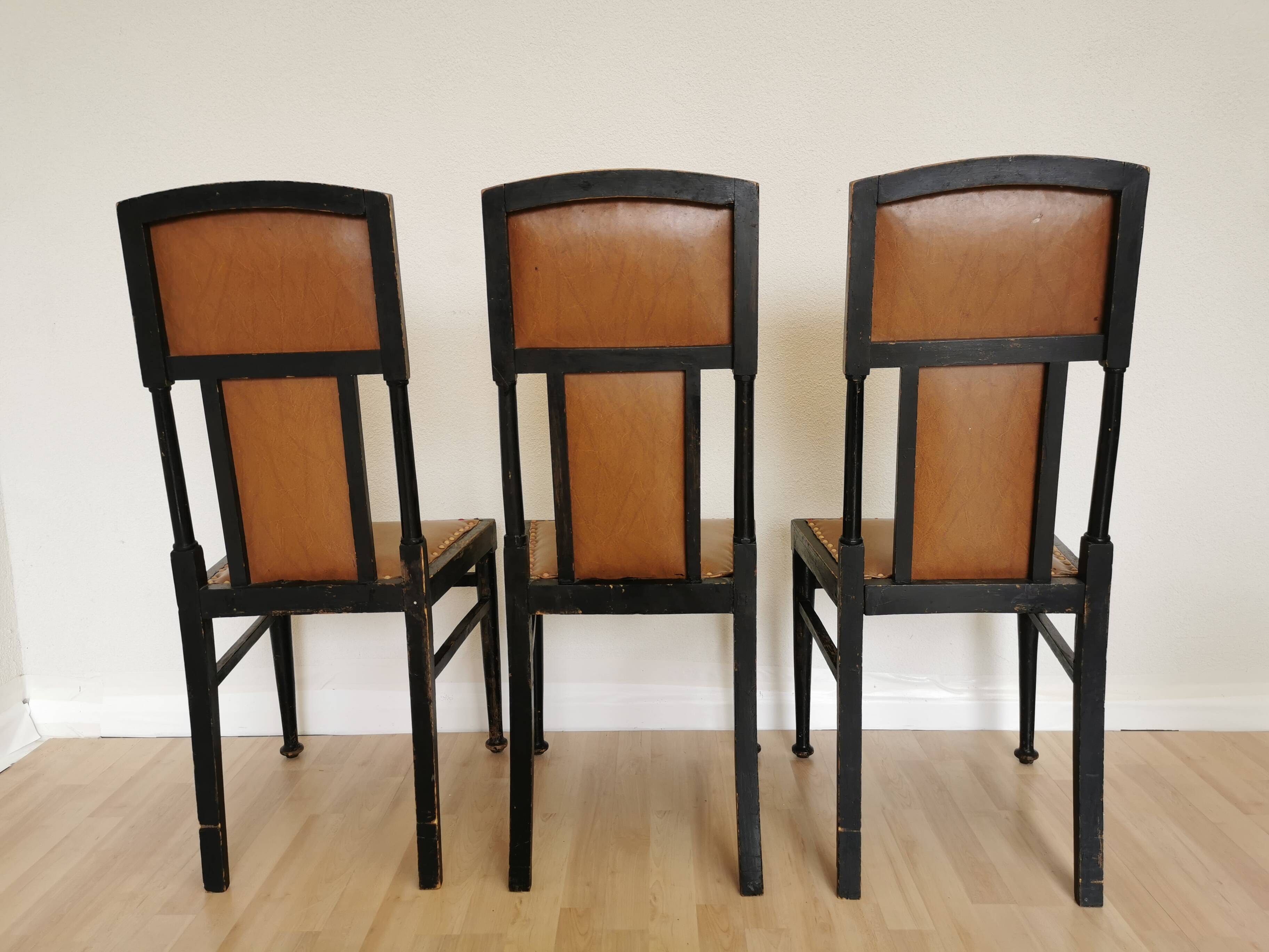 Set of 3 Vintage Dining Chairs: High Back, Leather Seat, Nailhead Trim