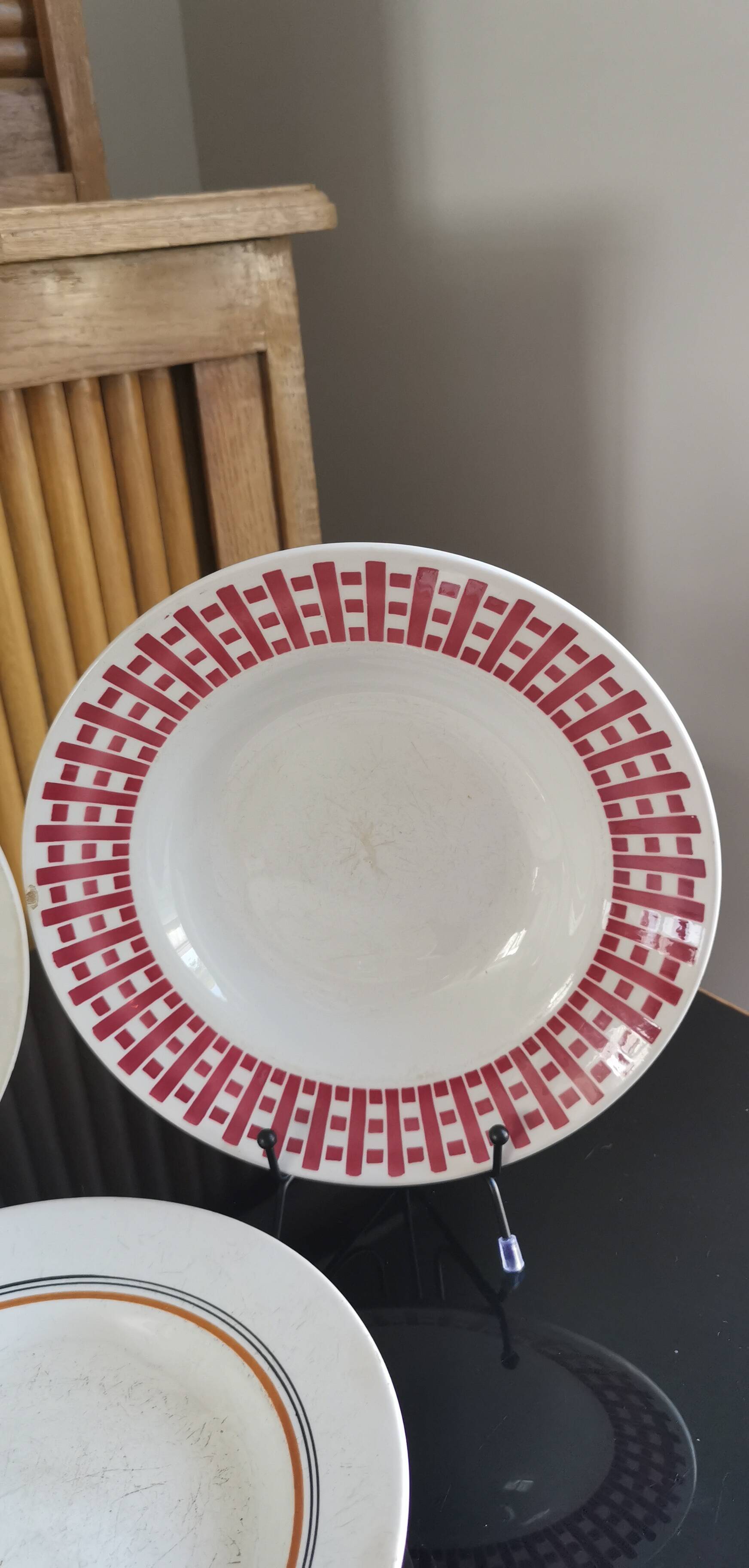 6 old plates mismatched geometric patterns Moulin des Loups, St Amand