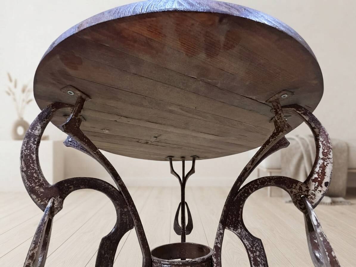 Handmade round side table with wrought iron base, circa 1980s, Czechoslovakia, 67 × 50 cm
