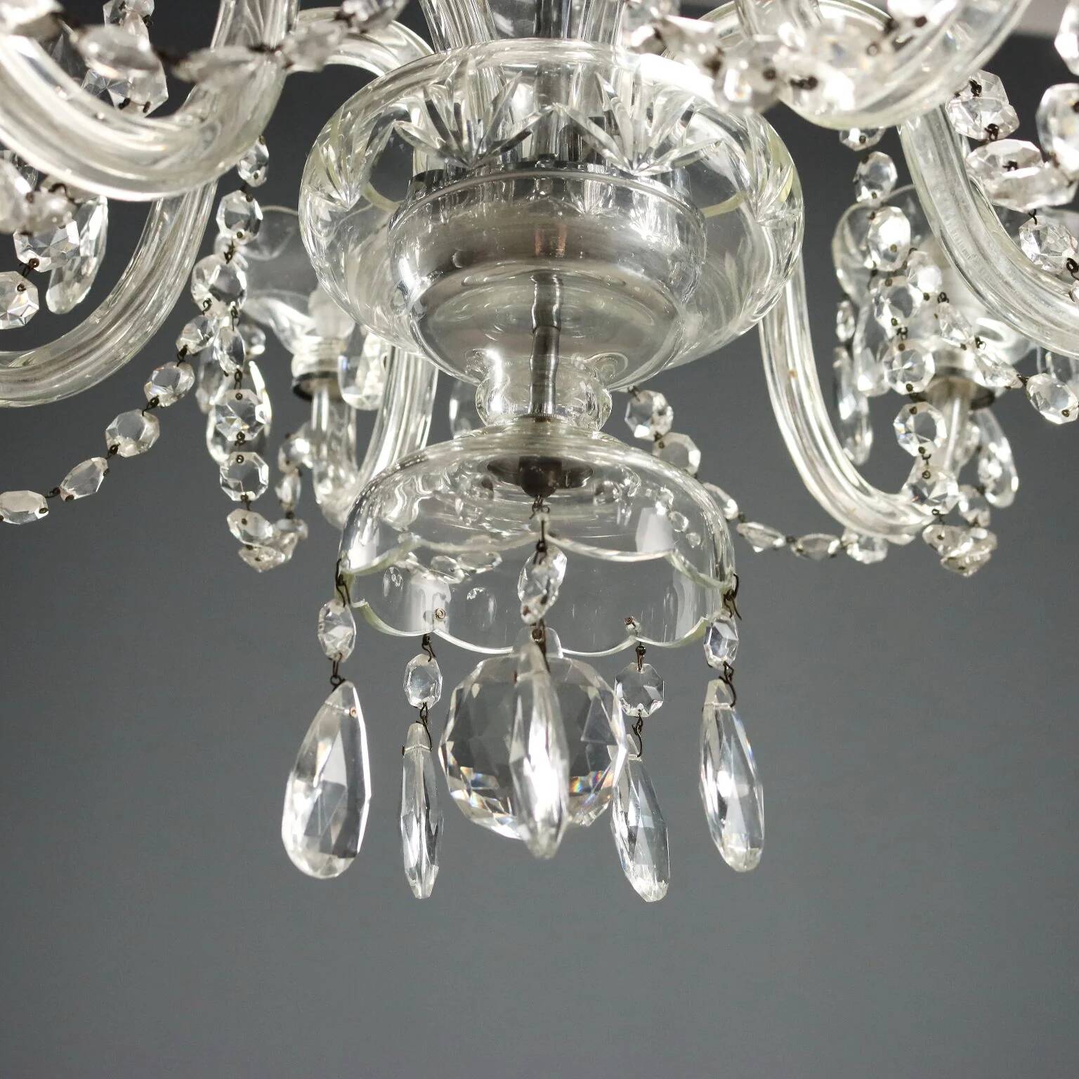Antique glass chandelier with 5 lights, Italy, 20th century.
