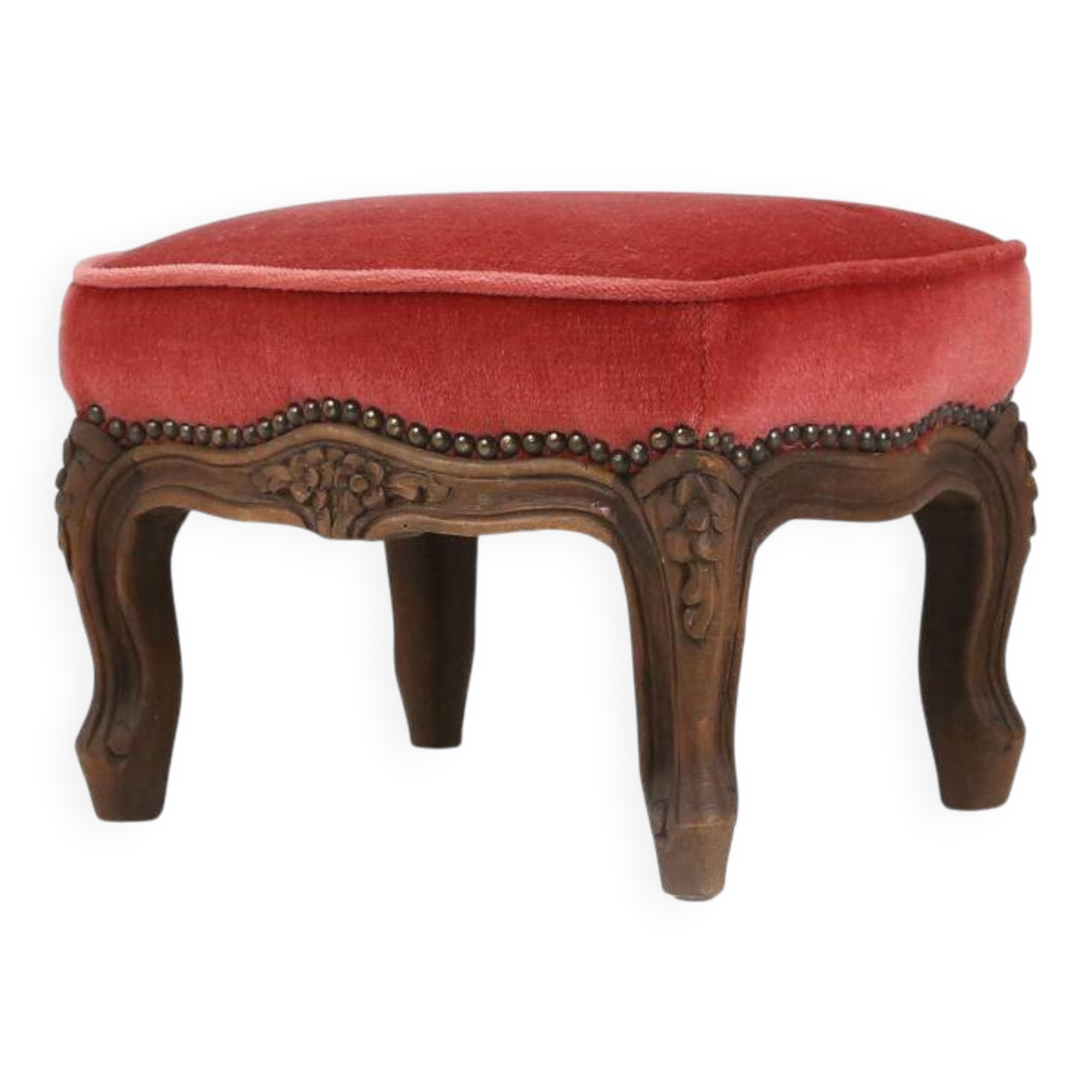 Baroque style foot stool in carved wood with coral velvet upholstery