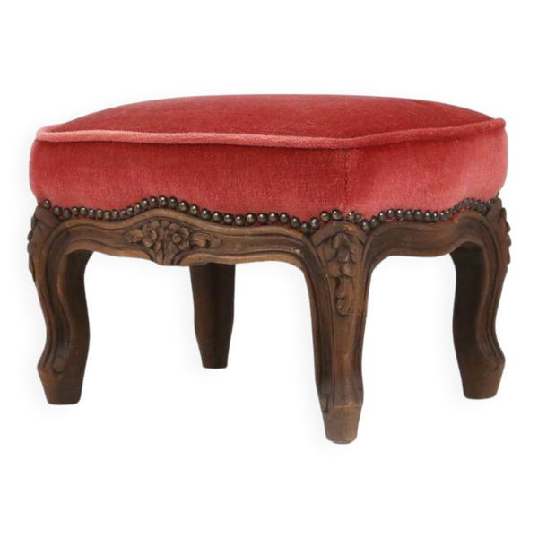 Repose-pieds de style Baroque en bois sculpté et velours corail