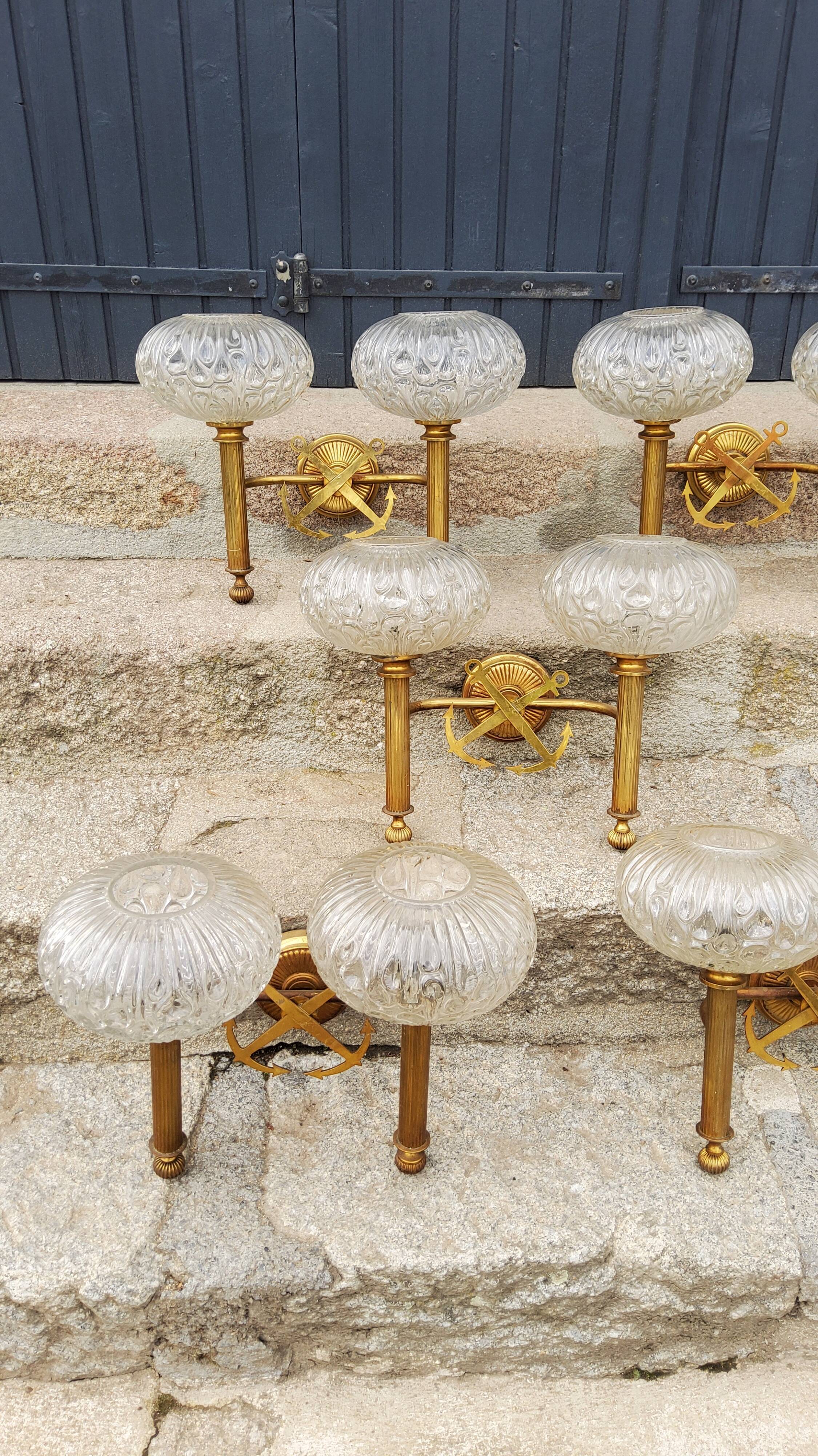 Set of 5 glass and brass sconces from the 70s