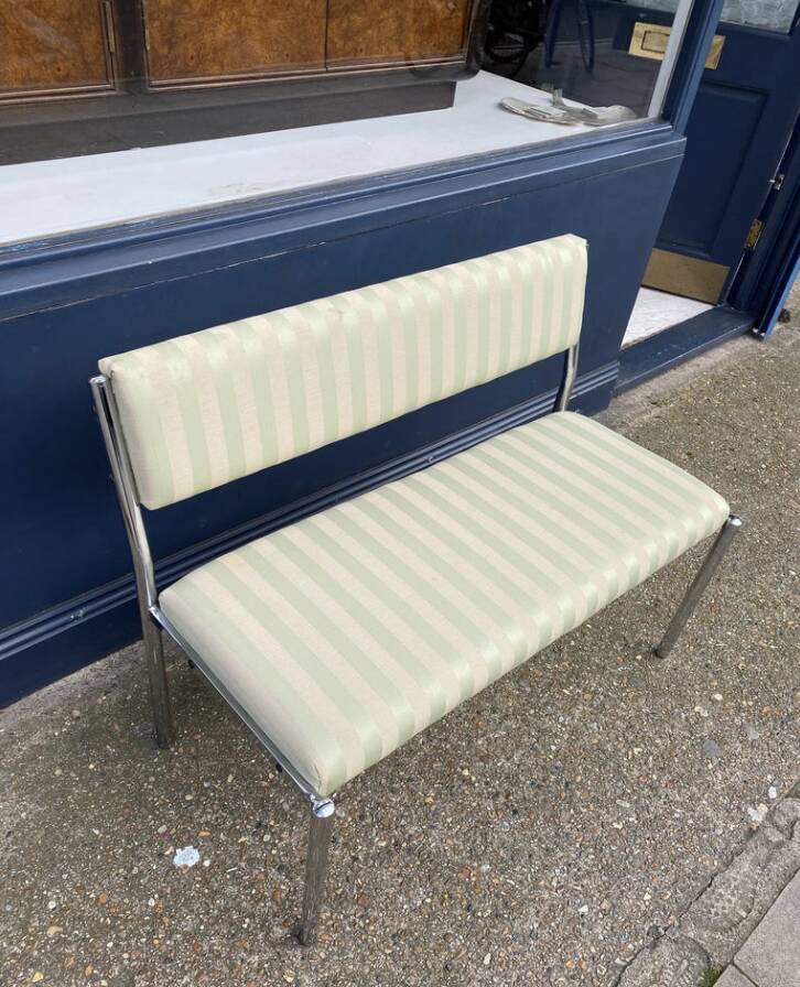 Chrome Bench Green Stripped 1970s Hollywood Regency Modernist Vintage