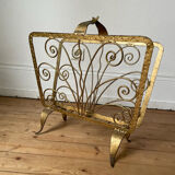 Vintage wrought iron magazine rack with gold butterfly design