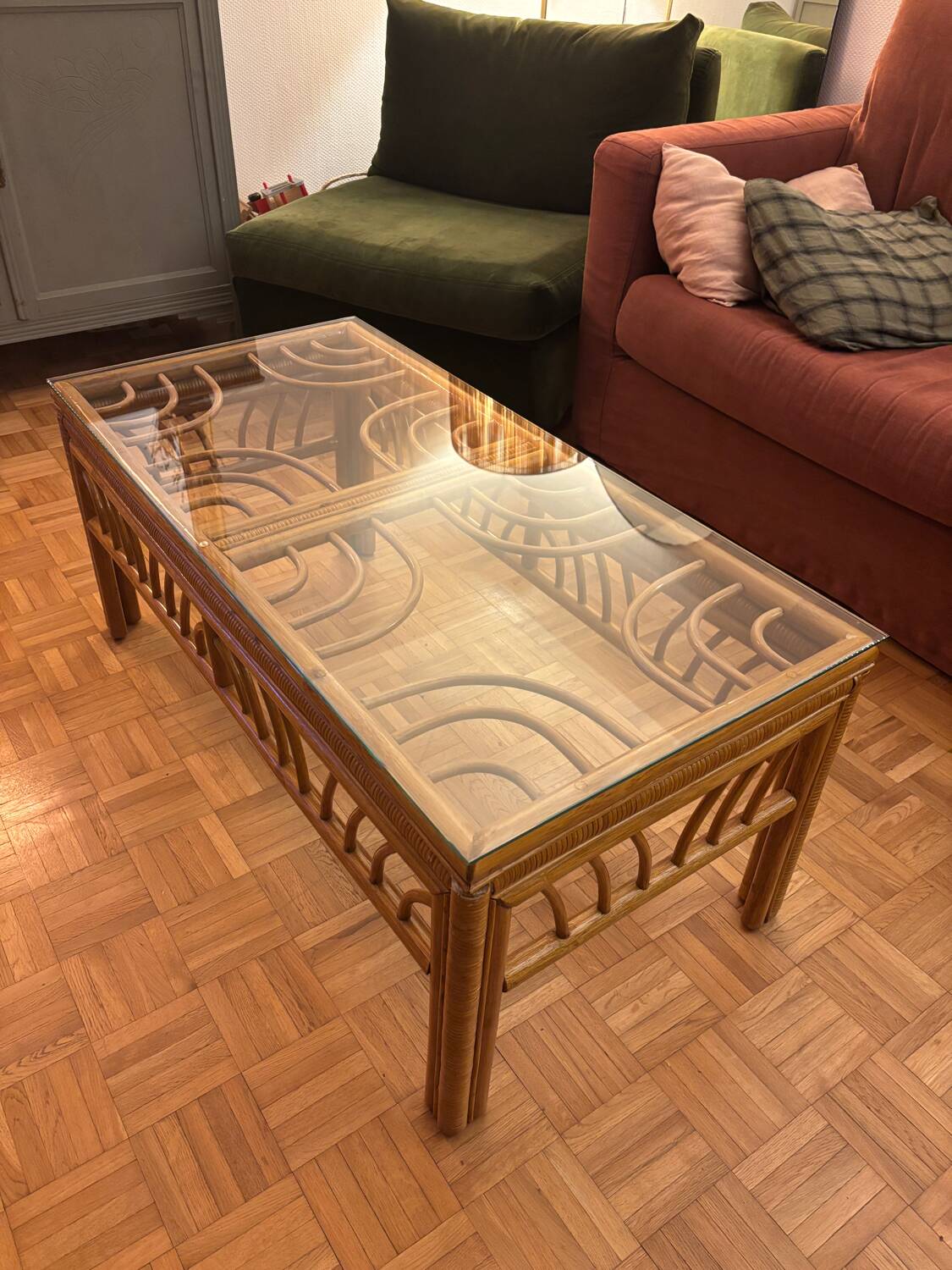 Glass and rattan coffee table