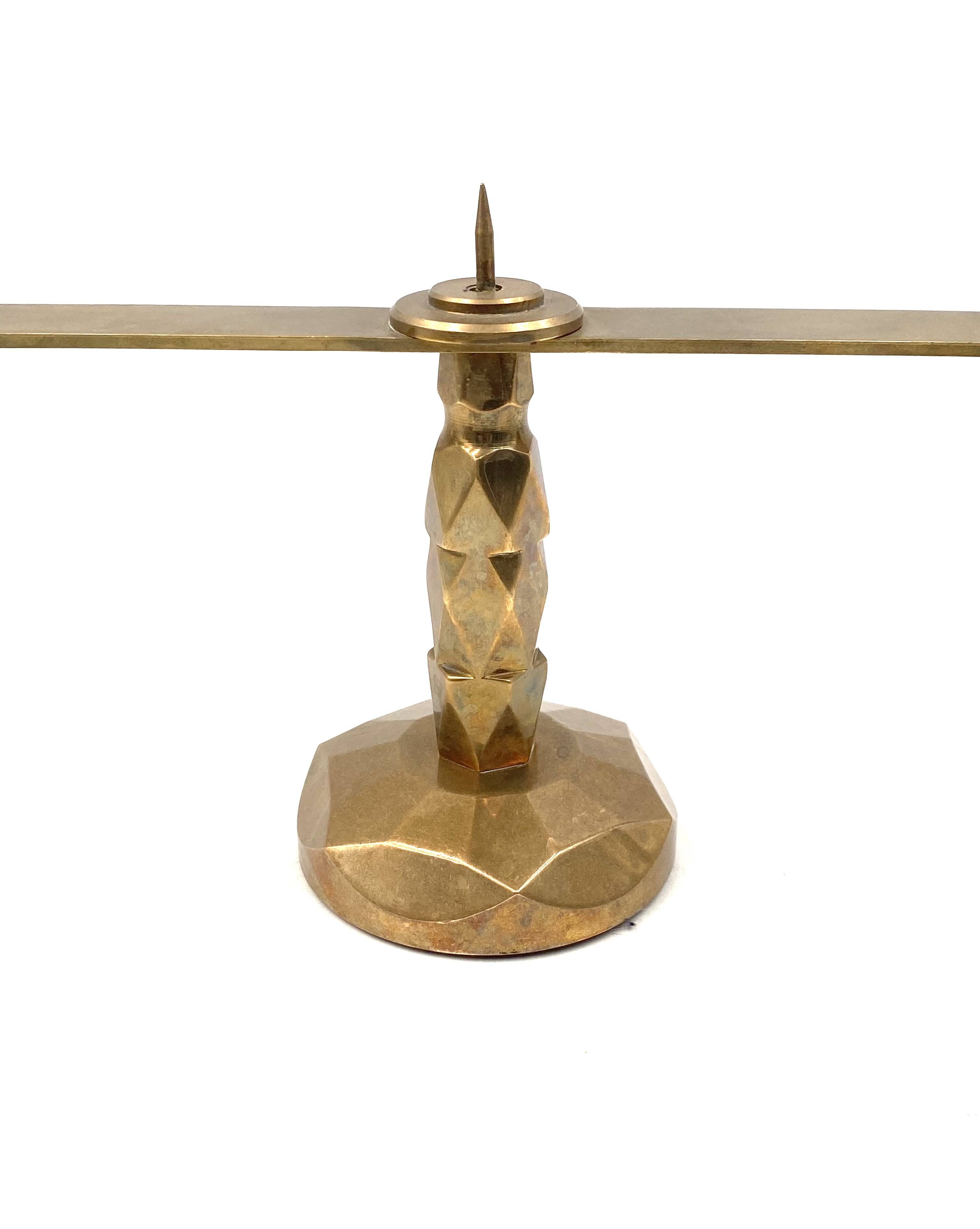 Brutalist brass pair of candle holders, France 1970