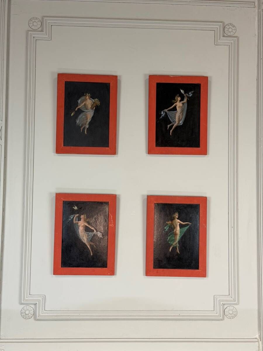 Sequence of 4 female allegories, oil on cardboard, after Tommaso Piroli (1752-1824)