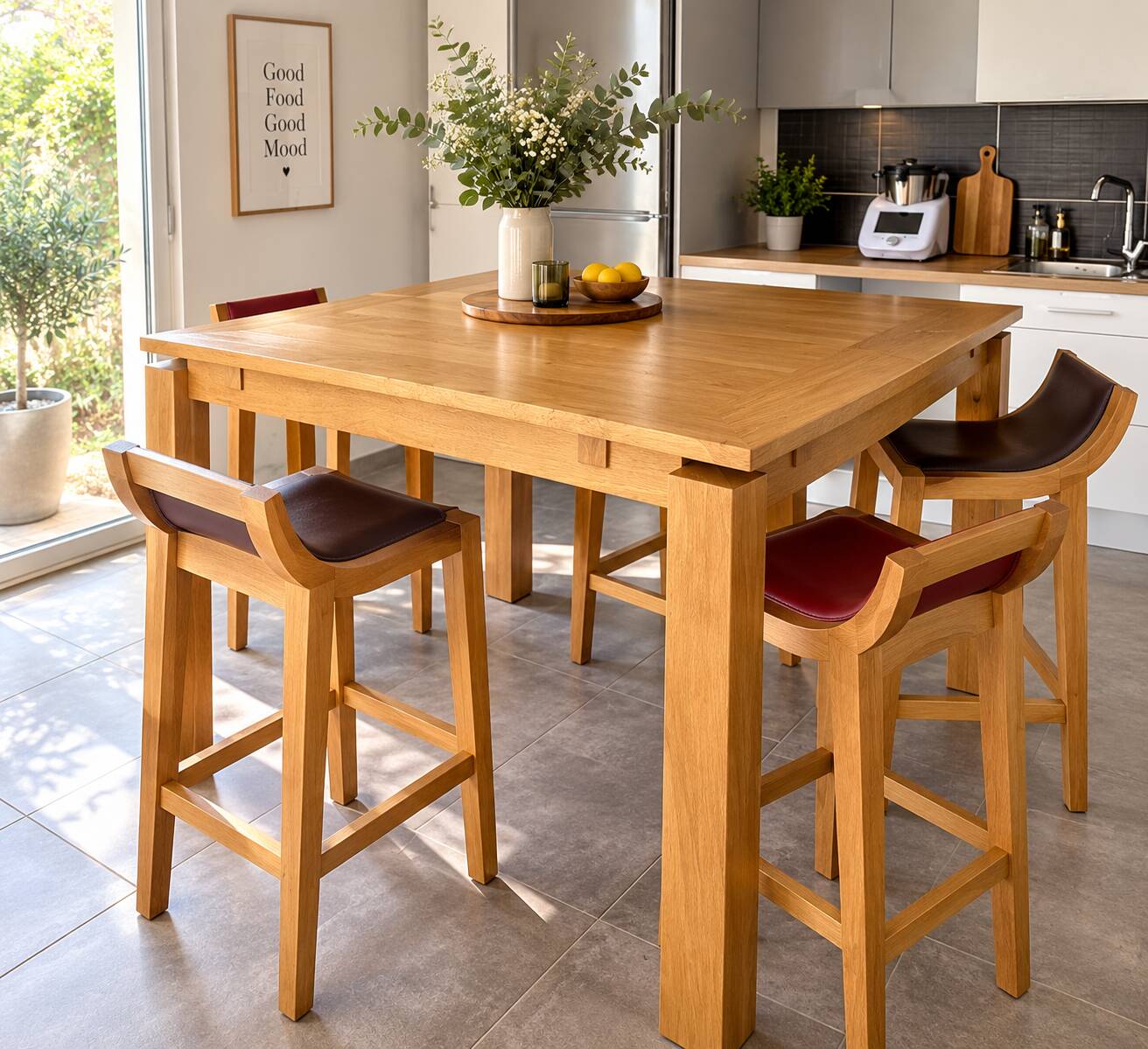Table haute en bois massif extensible + 4 tabourets
