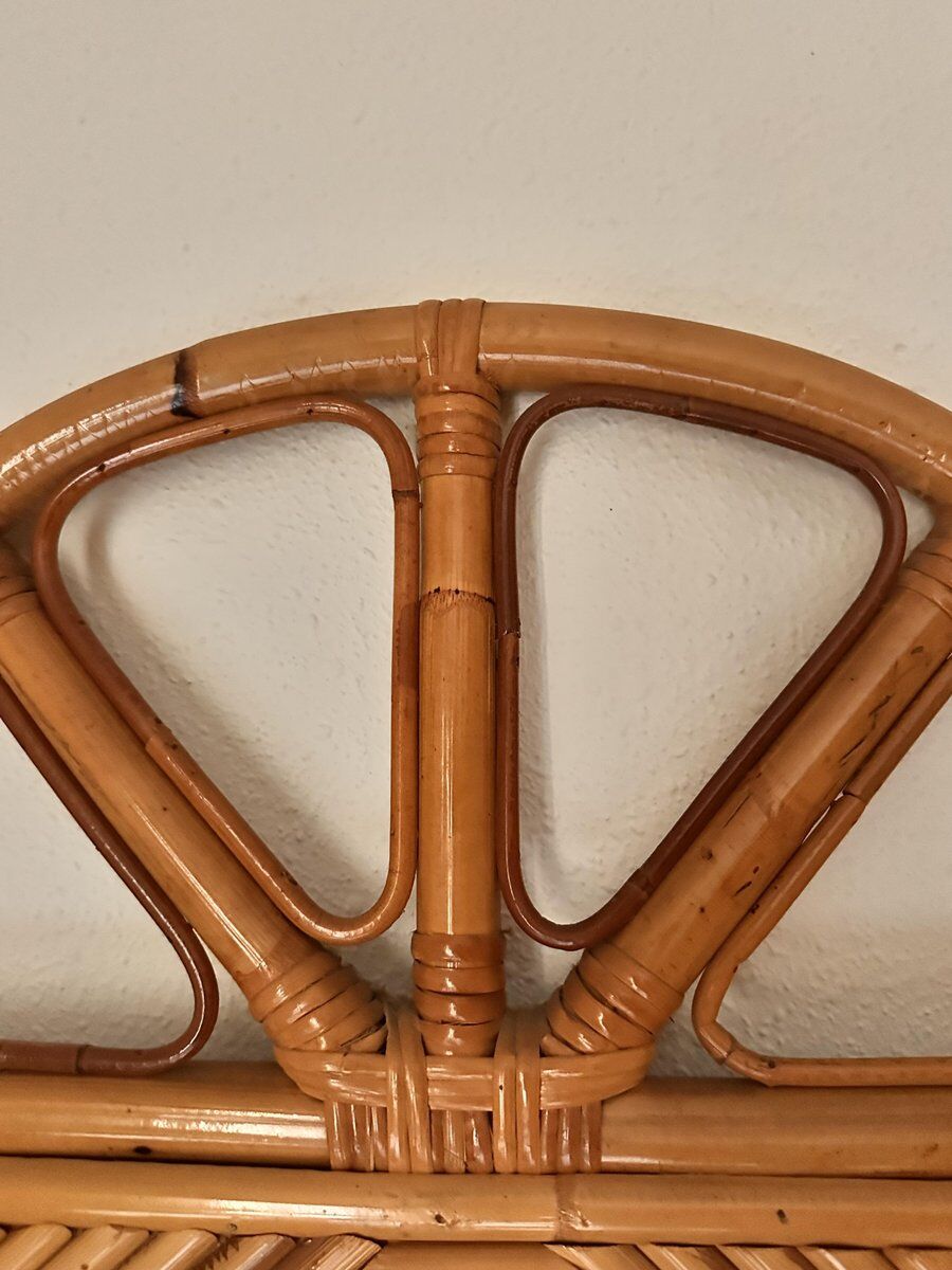 Curved half-moon console in rattan and bamboo with mirror by Vivai del Sud, Italy, 1960s.