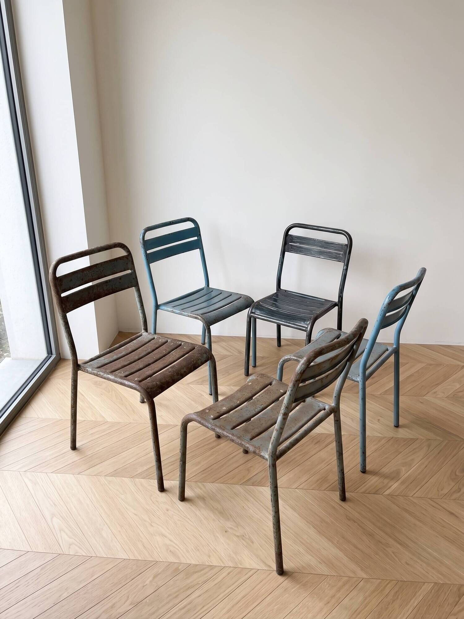 Set of 15 vintage industrial metal chairs from the 1950s.