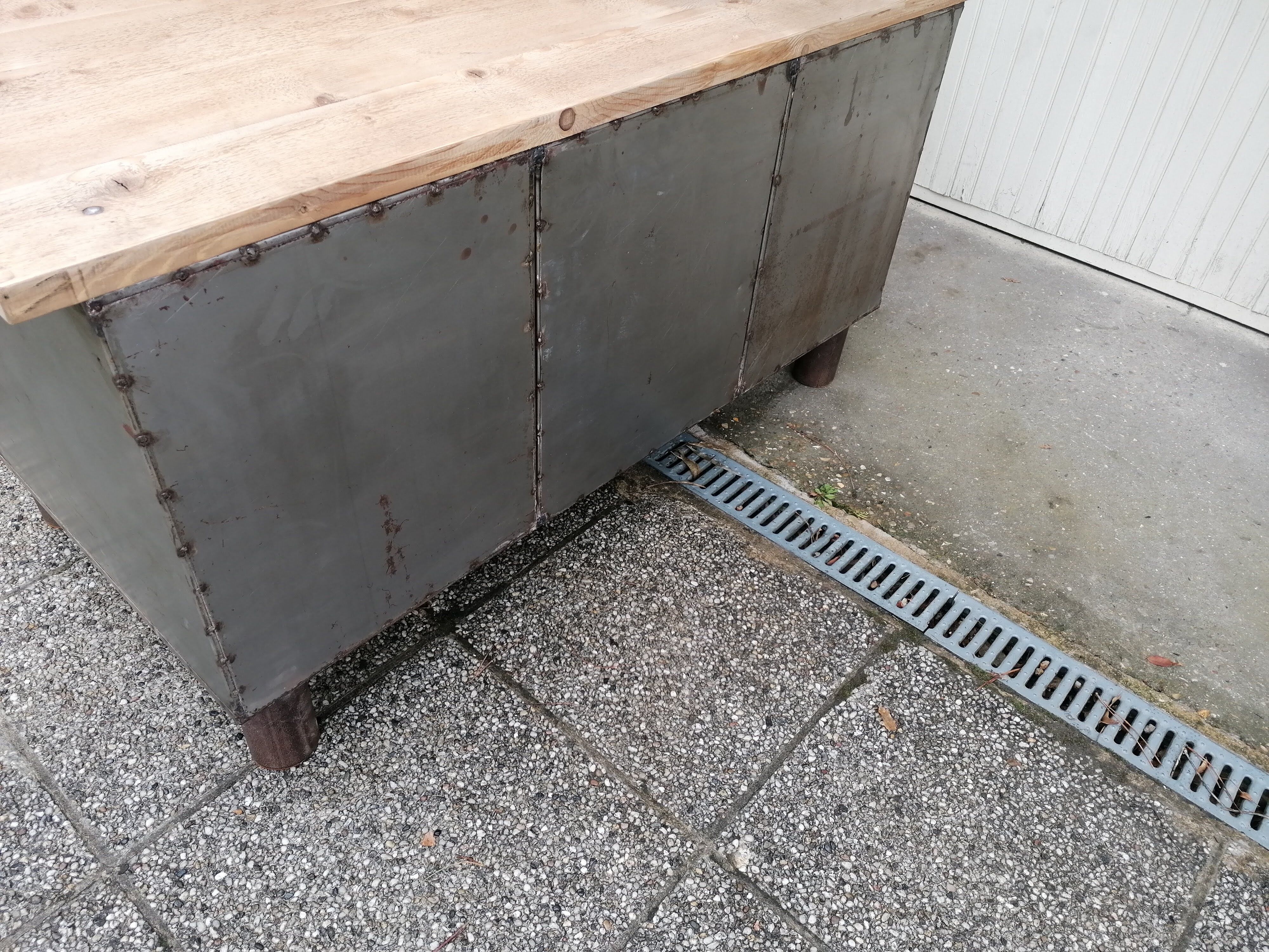 Antique workshop workbench, vintage, metal and wood