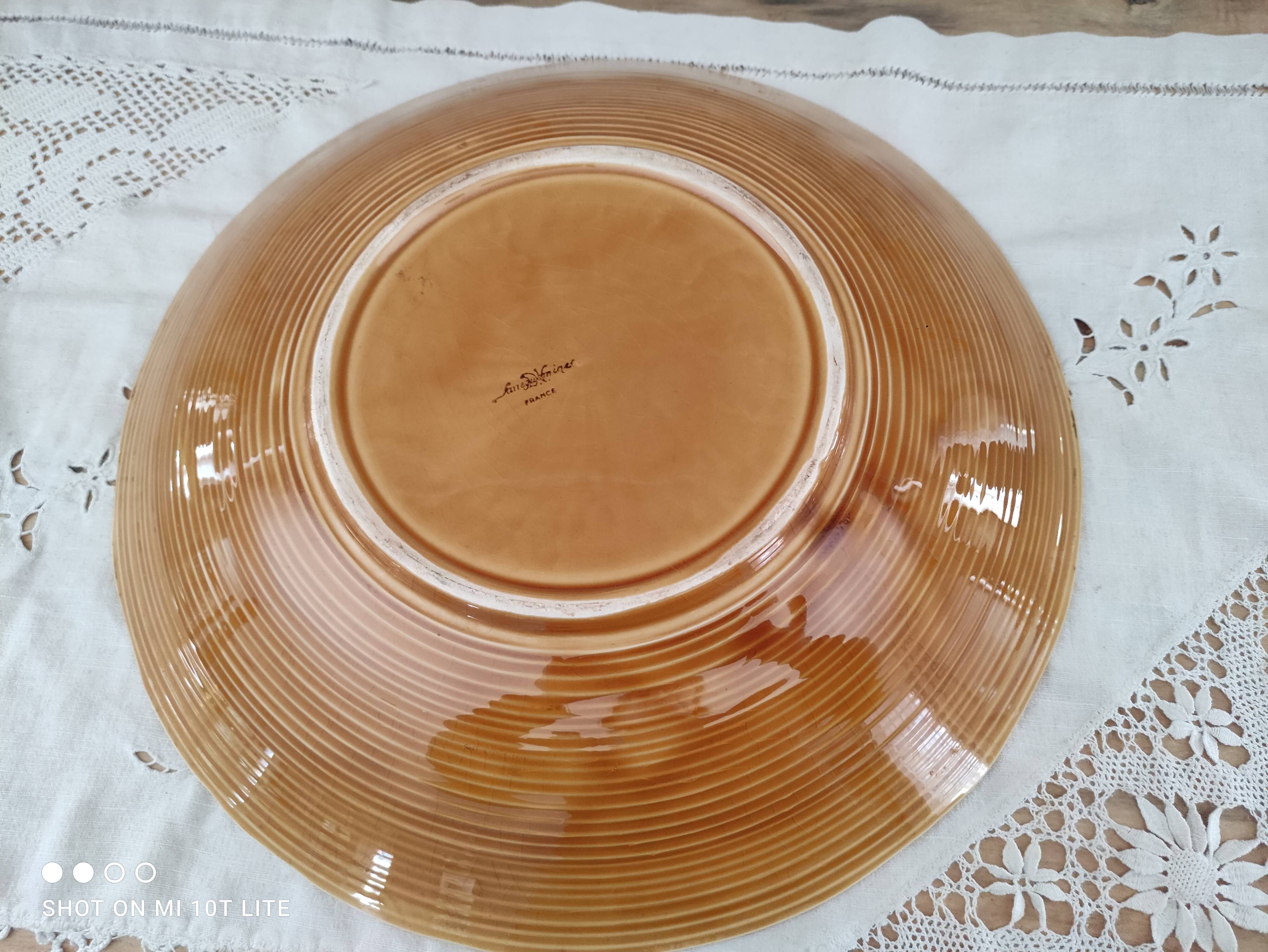 Large hollow round flat fruit bowl Sarreguemines in yellow slip fruit decor