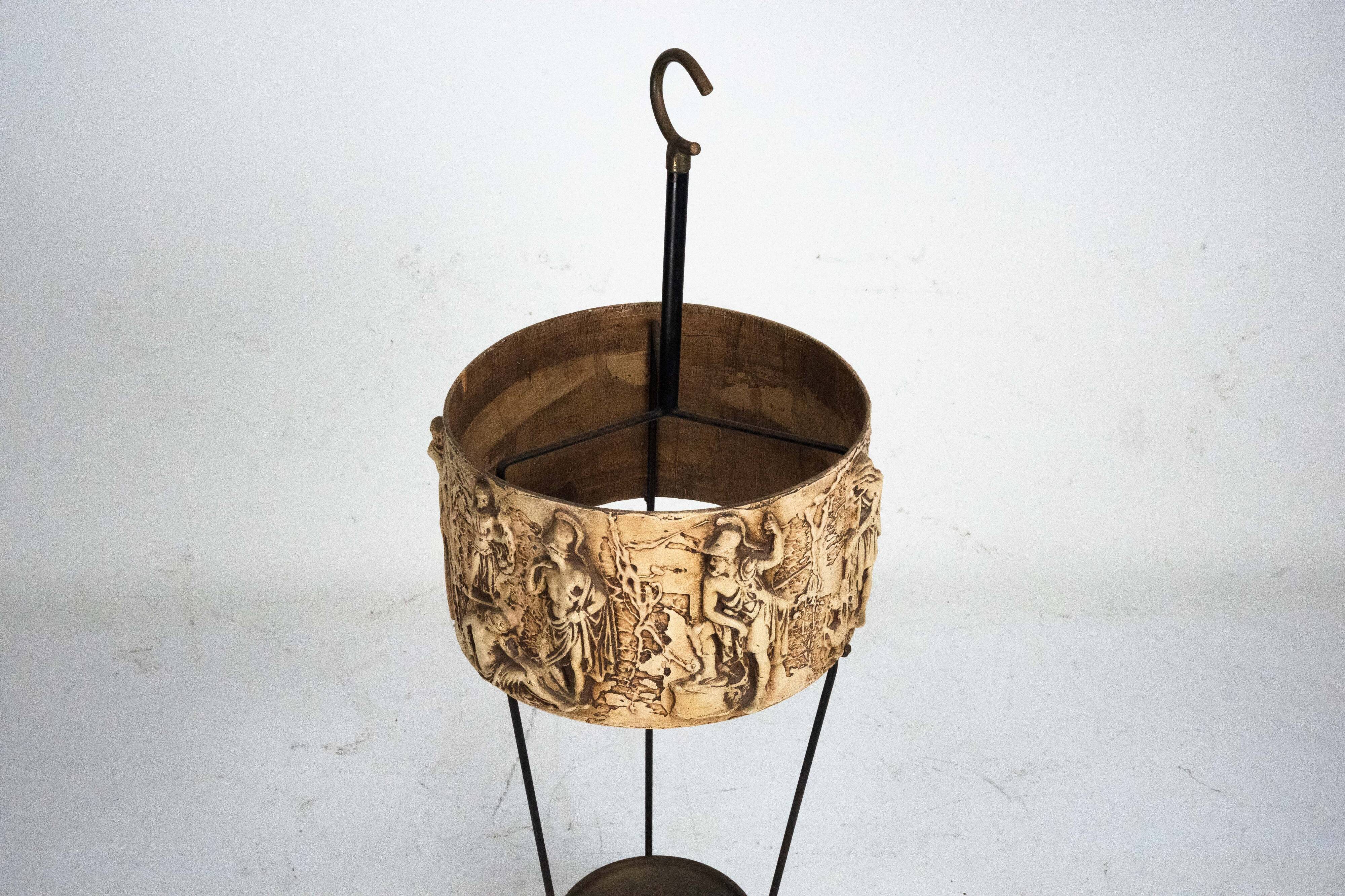 Mid-Century Umbrella Stand in Iron and Brass with Neoclassical Relief, Ital