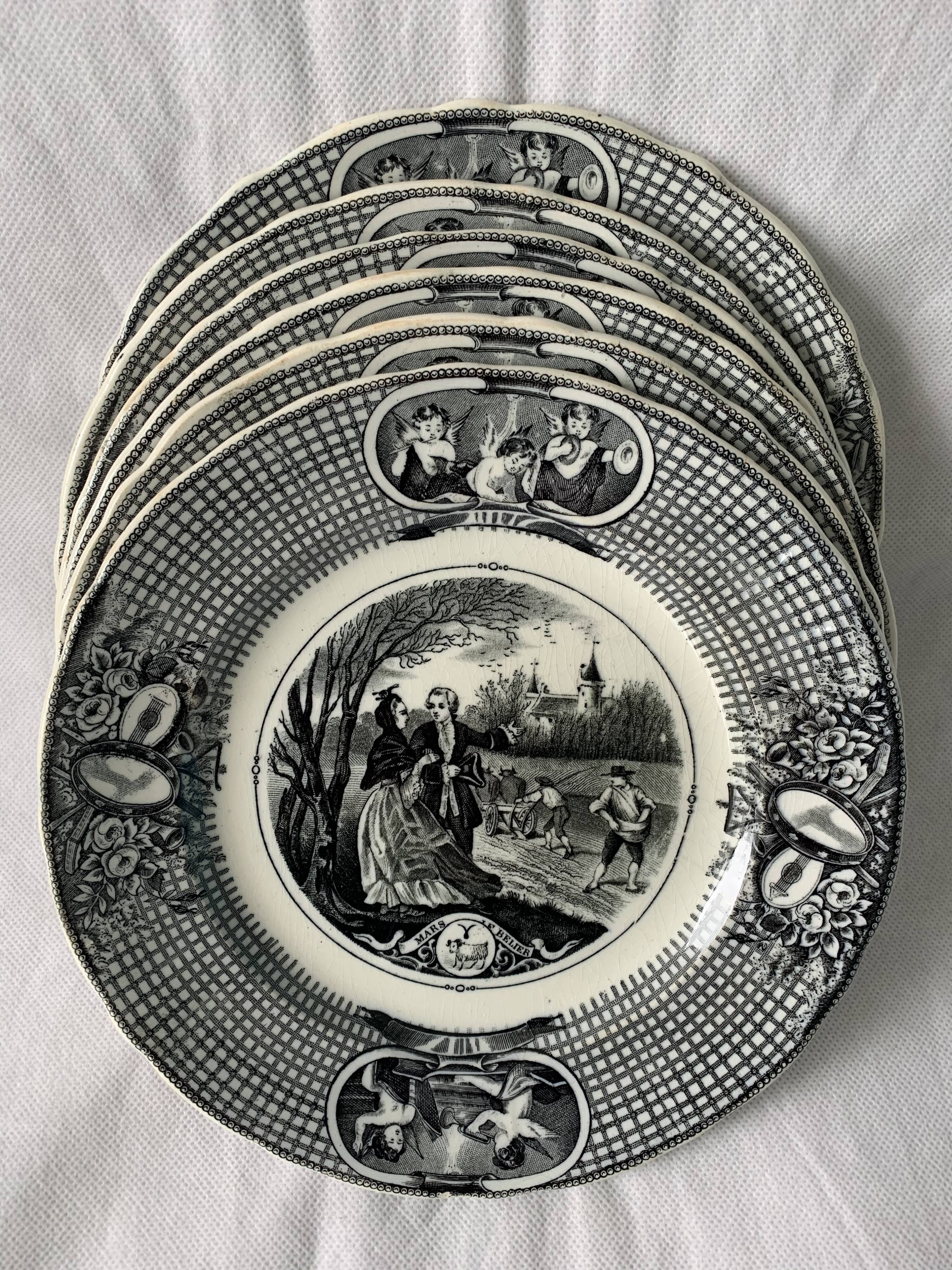 6 black dessert plates Old and Johnston Bordeaux 19th century astrology