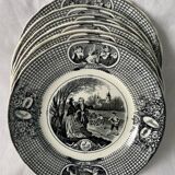 6 black dessert plates Old and Johnston Bordeaux 19th century astrology