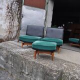Mid-Century Danish Set 1960s — 3-seater sofa, 2 armchairs and ottoman, turquoise fabric and wood, black backs.