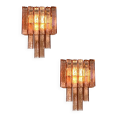 Luxury Italian Amber-Rosè “Squared” Murano Glass Gold Wall Sconces -Set of