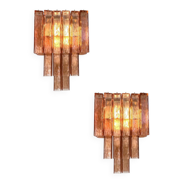 Luxury Italian Amber-Rosè “Squared” Murano Glass Gold Wall Sconces -Set of