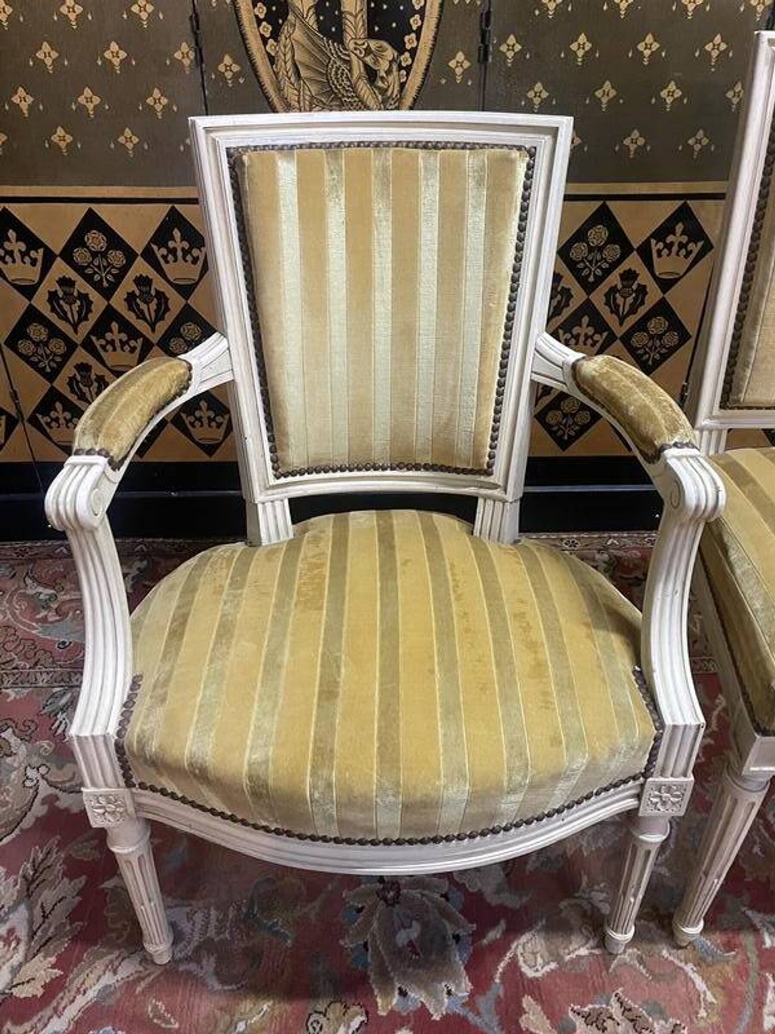 Pair of Louis XVI style cabriolet armchairs and Louis XVI chair