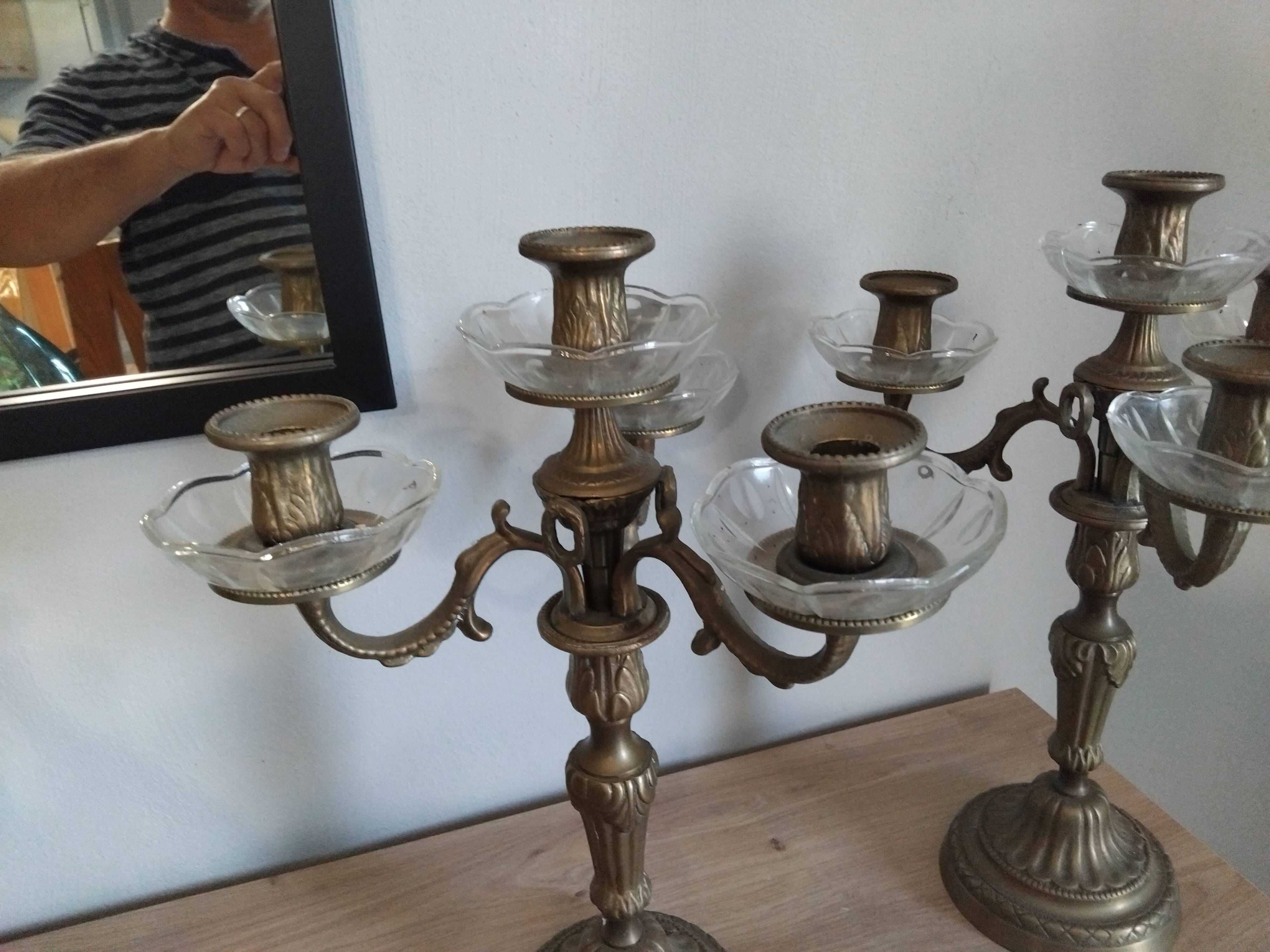 Pair of candelabra candle holders in bronze and glass louis xvi
