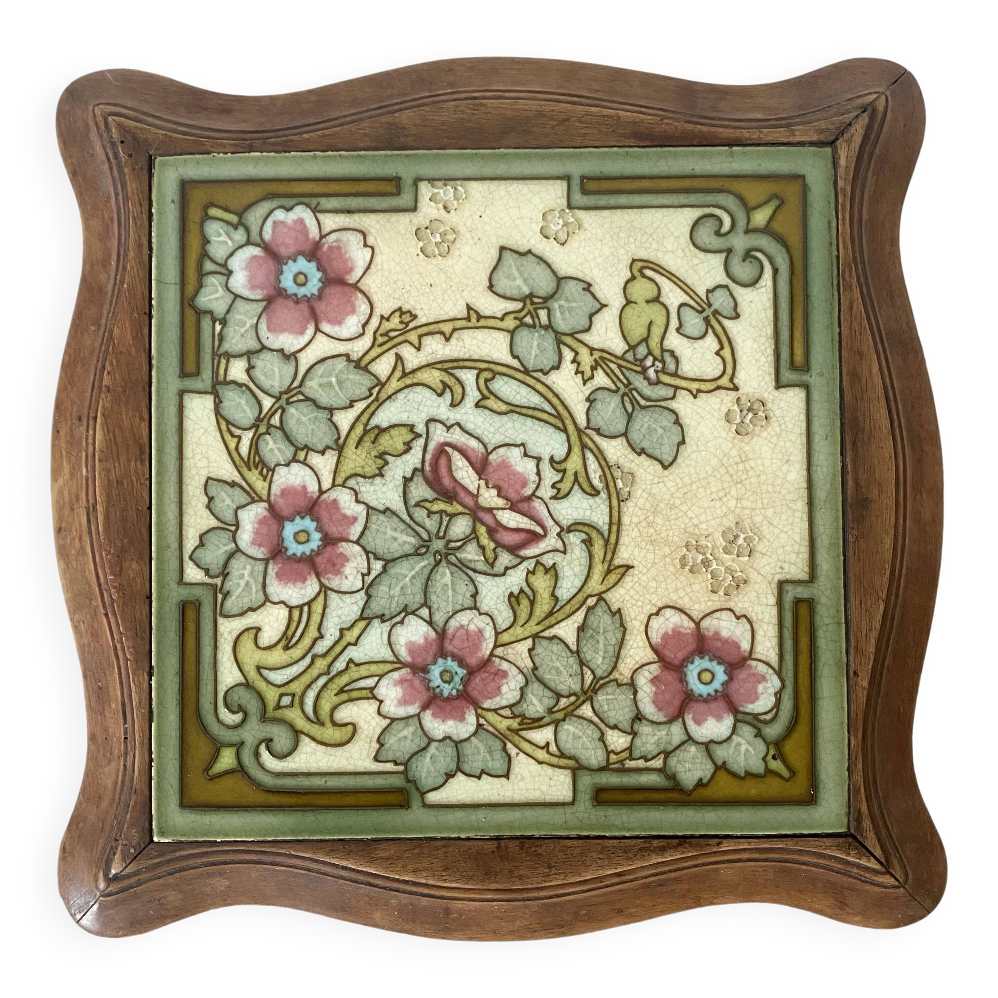 Art Nouveau wood and ceramic trivet