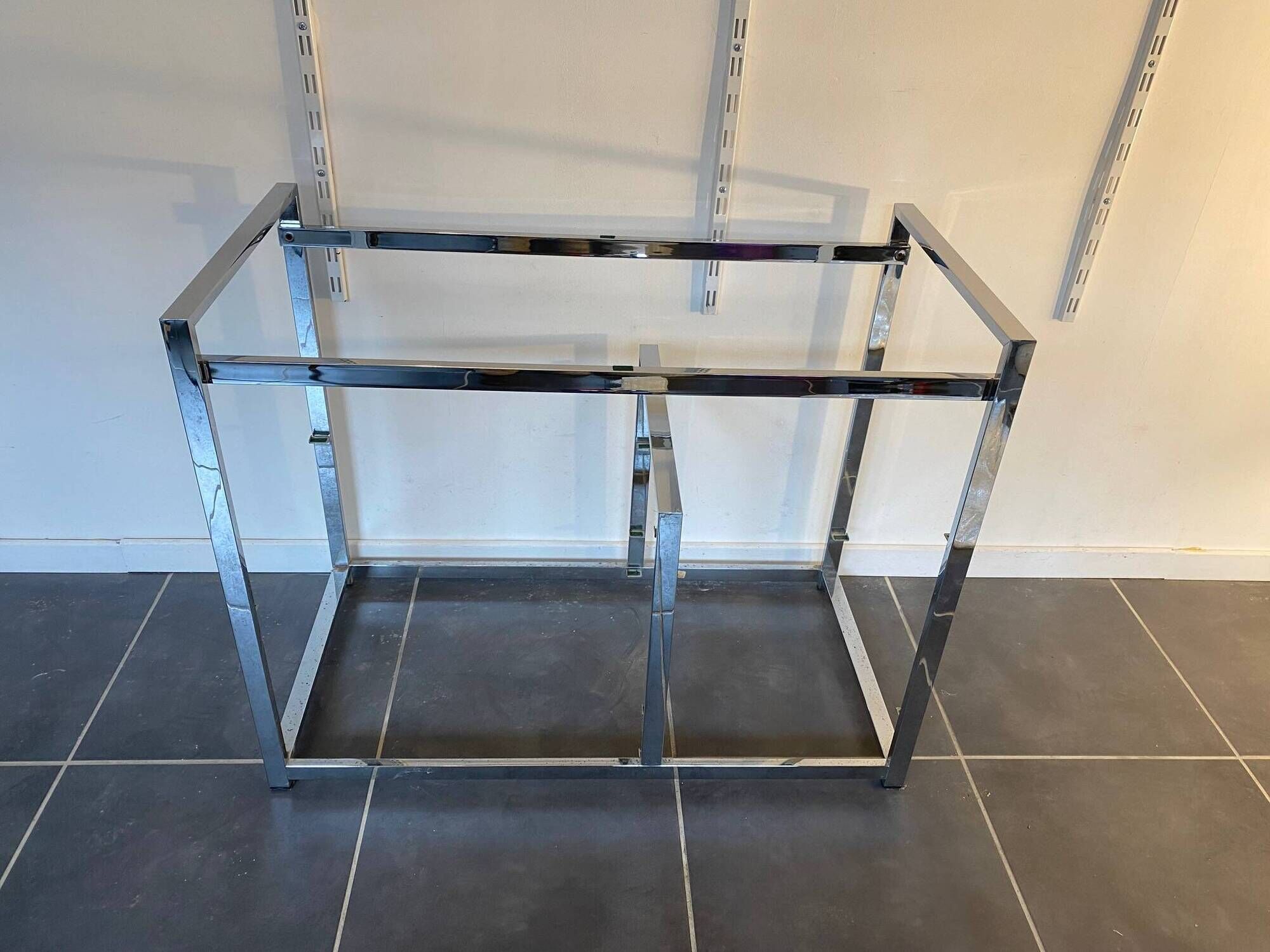 TV storage unit in chrome steel and vintage glass 1970