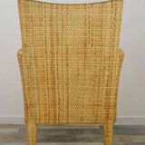Bridge-style armchair in wood and woven rattan