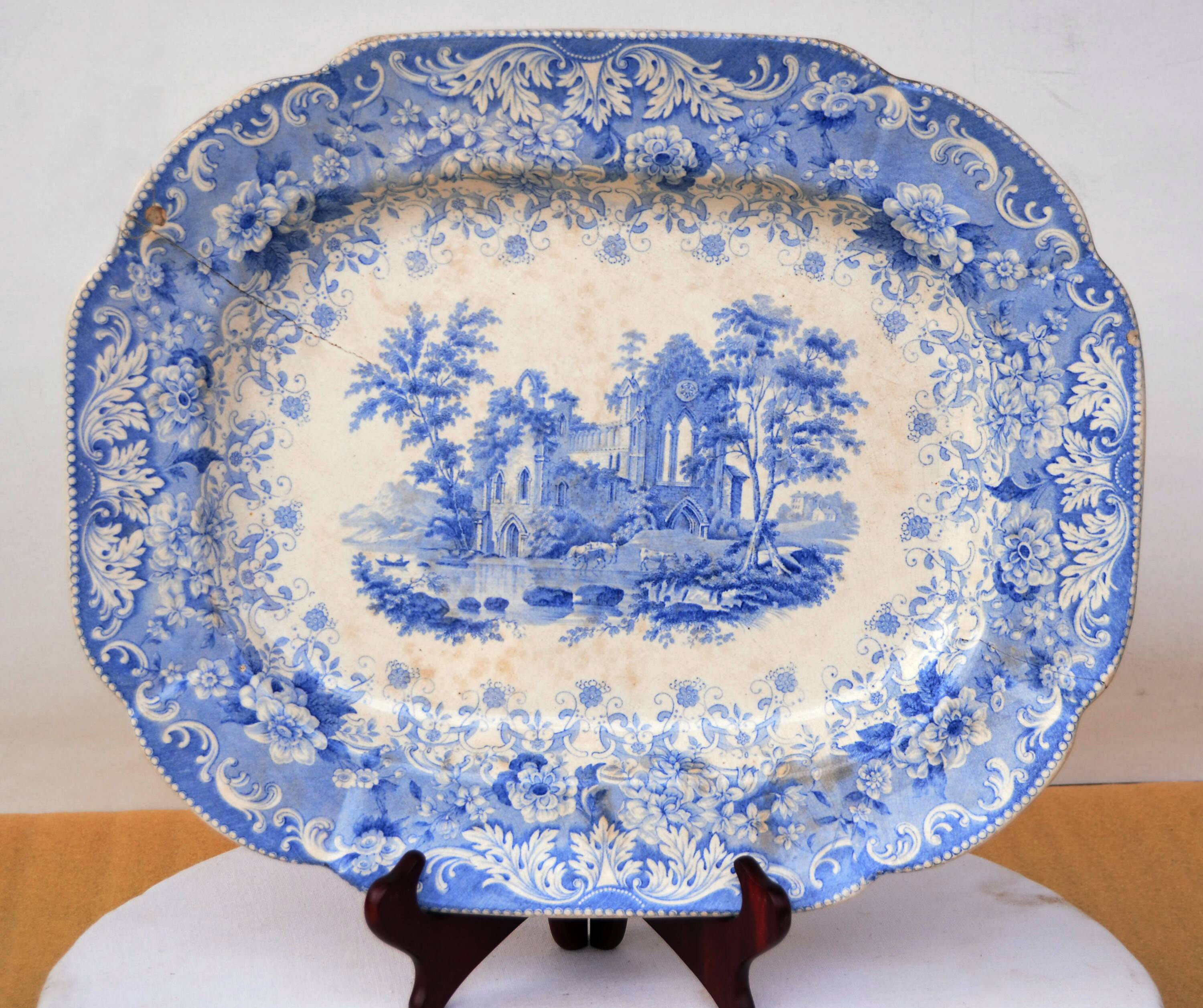 Large Decorative Platter Blue Transferware with Abbey Ruin early 19th C.