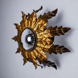 Sun wall lamp by ferro arte, metal and gold leaf, Spain, 1960