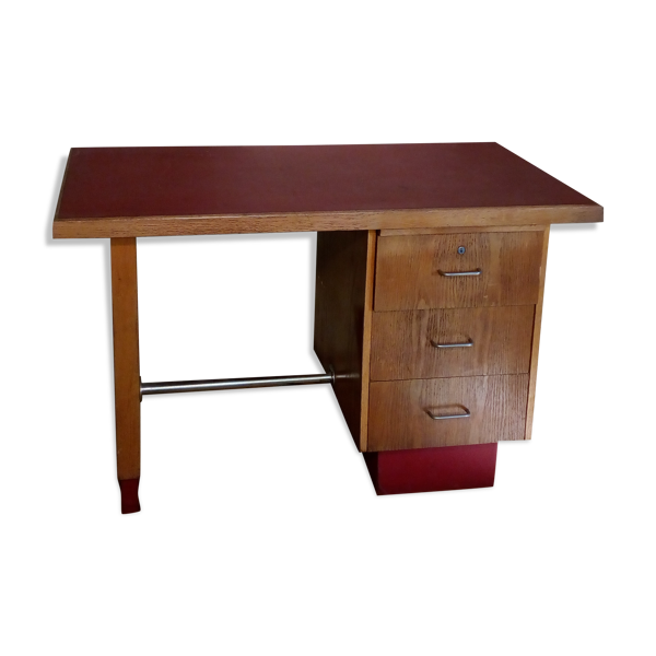 Vintage années 50's 60's. Bureau en chêne et moleskine rouge. TBE