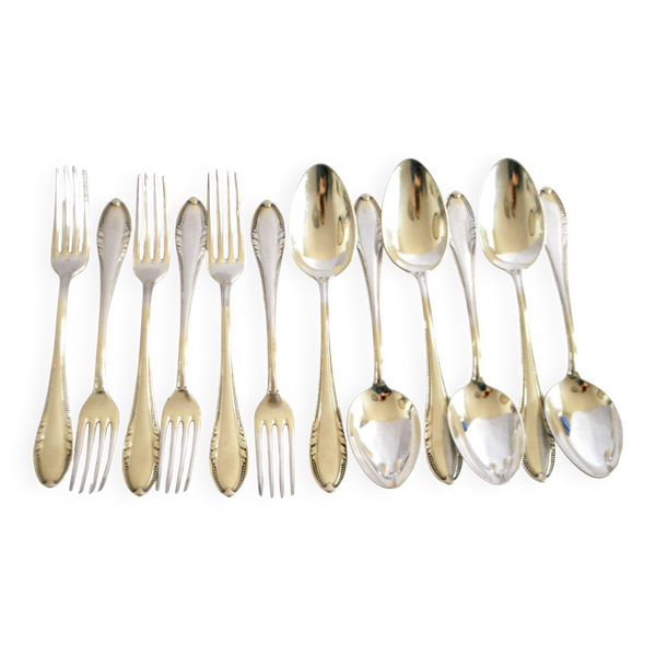 Couvert de table perle 6 fourchettes + 6 cuillères métal argenté allemand Wellner Silber 21cm