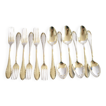 Couvert de table perle 6 fourchettes + 6 cuillères métal argenté allemand Wellner Silber 21cm