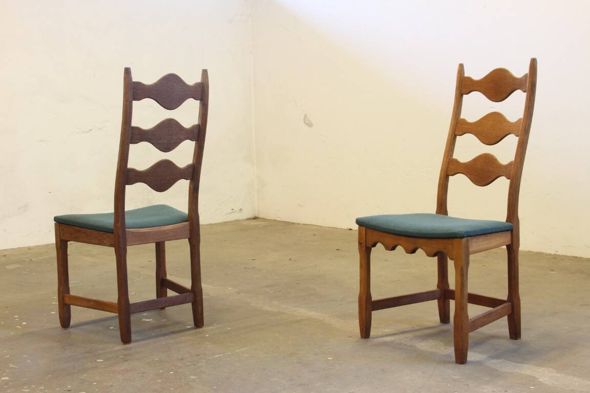 Six vintage 1960s Danish ladderback oak chairs, Henning Kjærnulf brutalist style