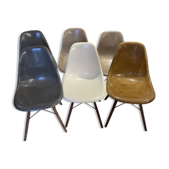 Lot of 6 Eames chairs from the 60s (4 colours) genuine fibreglass + new legs.