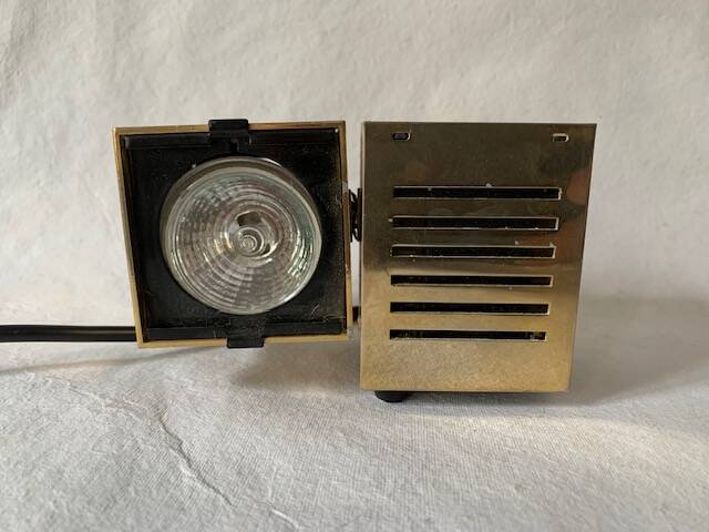 Old spot lamp, square, golden, to table, Aric cubes 70s
