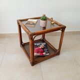 Table d'appoint vintage rotin et verre fumé années 70