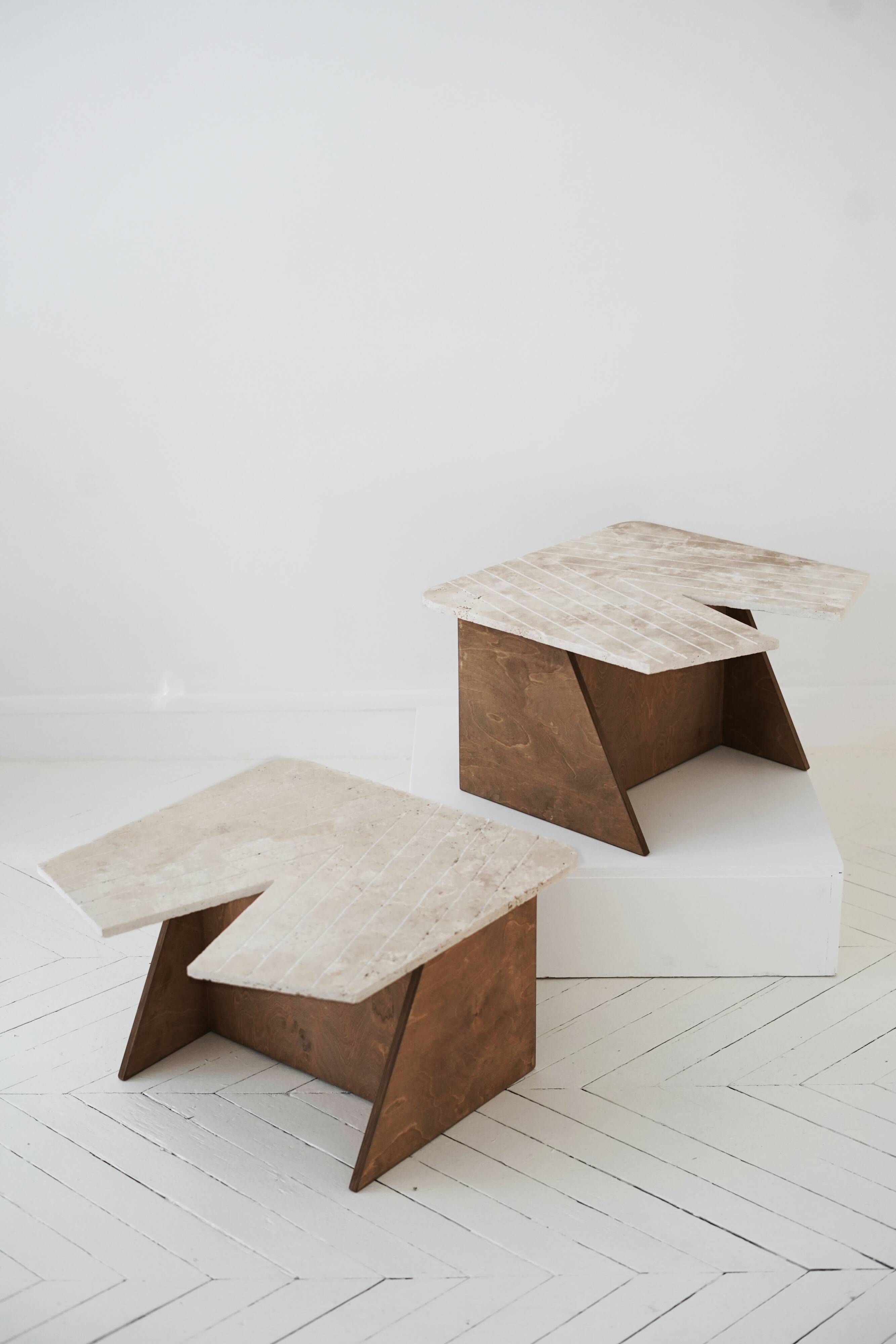 Wood and sculpted travertine table - Italy 1970