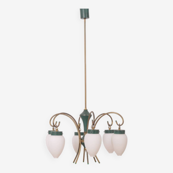 Vintage 50's chandelier in brass, glass and green metal italian design